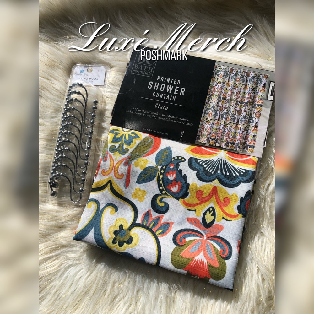 🛁Be Bath Essentials Printed Fabric shower curtain with 12 piece shower hooks🚿